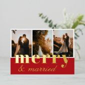 Merry & Married Three Fotocollage Rood Wit Folie Feestdagenkaart (Staand Voorkant)