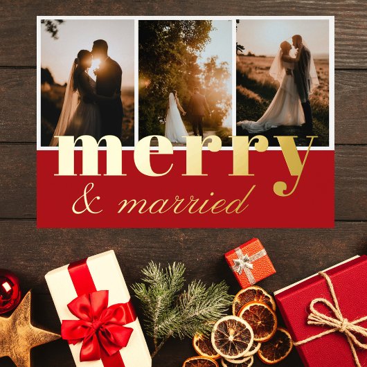 Merry & Married Three Fotocollage Rood Wit Folie Feestdagenkaart