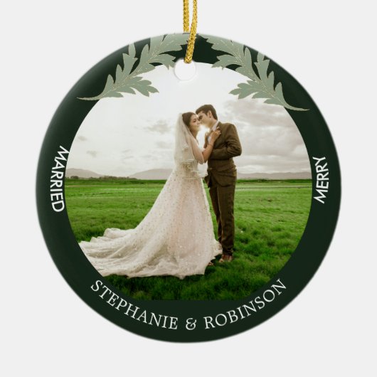 Merry Married Waterverf Foto Green Keramisch Ornament (Voorkant)