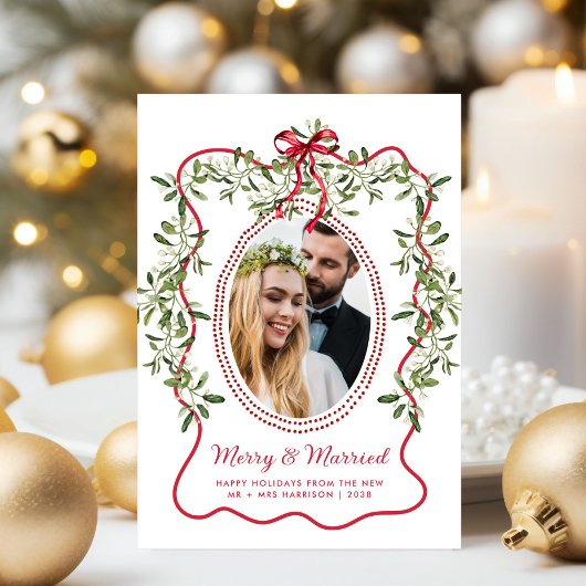 Merry Married Wavy Lijst Passen getrouwd Kerstfoto Feestdagenkaart