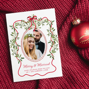 Merry Married Wavy Lijst Passen getrouwd Kerstfoto Feestdagenkaart