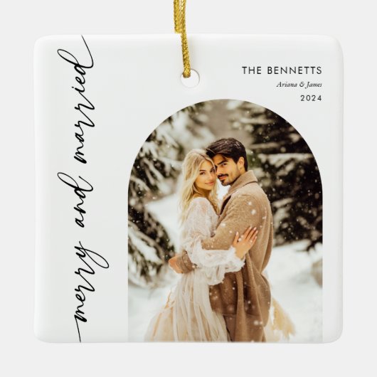 Merry & Married Wedding Foto Pas getrouwd Keramisch Ornament (Voorkant)