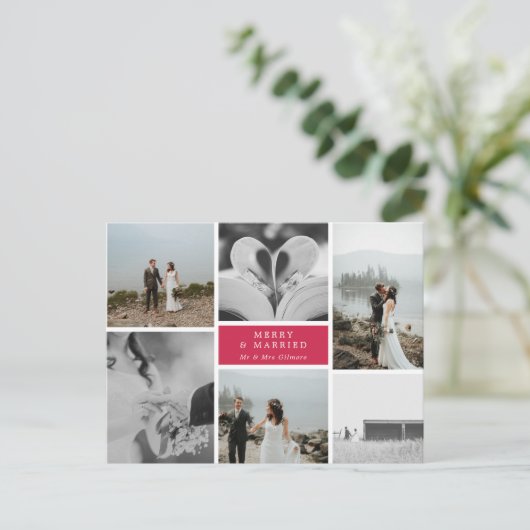 Merry & Married Wedding Fotocollage Briefkaart (Staand voorkant)