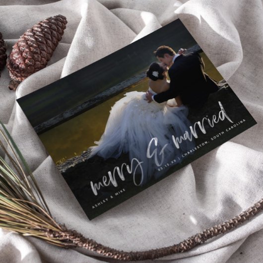 Merry Married White Script Photo Holiday Briefkaar Briefkaart
