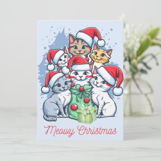 Merry Meowy Kerstman Katten met Cadeaus Feestdagenkaart (Staand voorkant)