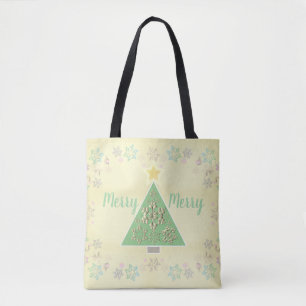 "Merry Merry" kerstboom en sneeuwvlokken Tote Bag