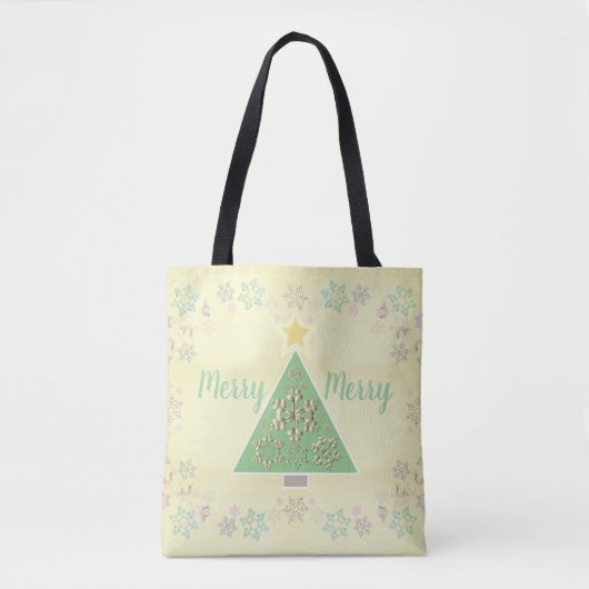 "Merry Merry" kerstboom en sneeuwvlokken Tote Bag (Voorkant)