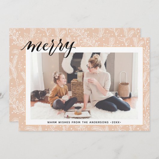 MERRY-minimalist voor Modern Beige Pine Bough Scri Feestdagenkaart (Voorkant / Achterkant)