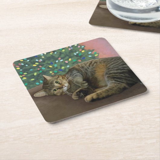 Merry Mischief - Kerst Kat Kartonnen Onderzetters (Schuin)