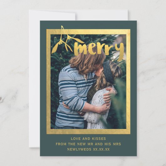 Merry Mistletoe Foto Groene Faux Gold Vakantie Kaa Feestdagenkaart (Voorkant)