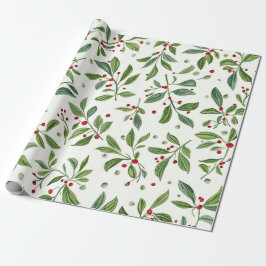 Merry Mistletoe Red Berry White Watercolor Cadeaupapier