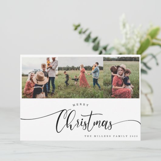 Merry modern Black calligrafie Kerstmis 3 Foto Feestdagenkaart (Staand voorkant)