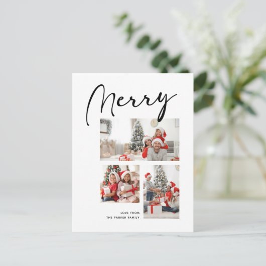 MERRY Modern Black Script Chic Minimalist Photo Feestdagenkaart (Staand voorkant)