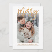 Merry Modern Cognac Tan Script Pas getrouwd Foto Feestdagenkaart (Voorkant)