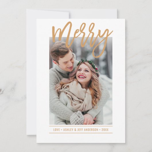 Merry Modern Cognac Tan Script Pas getrouwd Foto Feestdagenkaart (Voorkant)