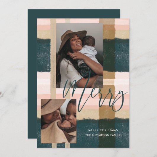 Merry Modern Green & Pink Pset Two Foto Feestdagenkaart (Voorkant / Achterkant)