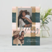 Merry Modern Green & Pink Pset Two Foto Feestdagenkaart (Staand voorkant)