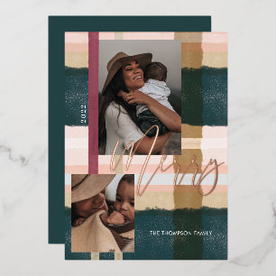 Merry Modern Green & Pink Pset Two Foto Folie Feestdagenkaart