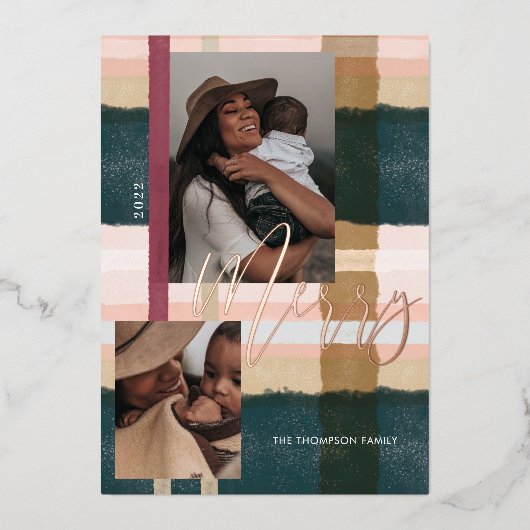 Merry Modern Green & Pink Pset Two Foto Folie Feestdagenkaart (Voorkant)