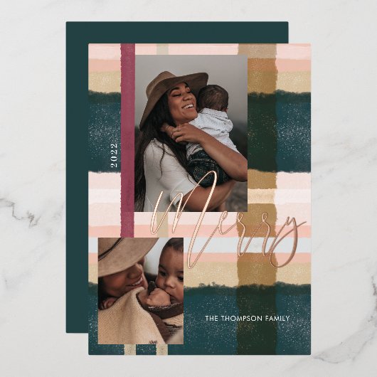 Merry Modern Green & Pink Pset Two Foto Folie Feestdagenkaart (Voorkant / Achterkant)