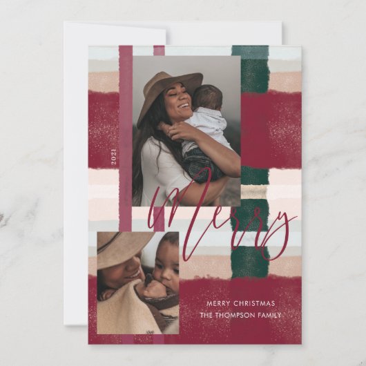 Merry Modern Maroon & Green Pset Two Foto Feestdagenkaart (Voorkant)