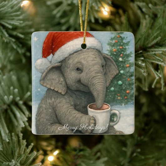Merry Moments with a Cocoa-Loving Elephant Holiday Keramisch Ornament (Boom)