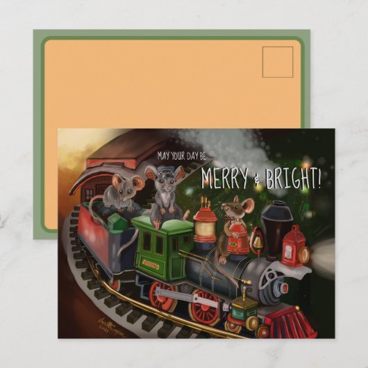 Merry Mouse Holiday Trein   Feestdagenkaart (Voorkant / Achterkant)