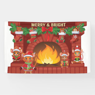 Merry Mouse Kerst open haard Spandoek