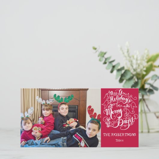 Merry n Bright Feestdagen Modern Foto Kerstmis Feestdagenkaart (Staand voorkant)
