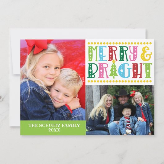 Merry n Bright Modern Family Foto Kerstkaart (Voorkant)