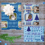 Merry Navy InterGeloof Chrismukkah Assortment Inpakpapier Vel<br><div class="desc">Voeg dit aangepast cadeaukaartje toe met je foto's en een designthema van donkere marineblauwe Menorahs en kerstbomen voor een soort gepersonaliseerde interreligieuze Chrismukkah-viering. Papierblad 1 wordt op een diepe blauwe achtergrond geplaatst met lichtblauwe typografische tekst die afwisselend twee van uw favoriete foto's bevat die in lichtblauw zijn omgevormd. Gift Wrap...</div>