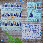 Merry Navy Interreligieuze Alles bijvoegen Kindern Inpakpapier Vel<br><div class="desc">Voeg deze MERRY HAPPY IEDEREEN toe IEDEREEN, aangepast cadeaukaartje met de naam van je kind en een typografische vormgeving met donkerblauwe gemengde lettertypen en marinesblauwe Menorahs en kerstbomen aan je soort gepersonaliseerde Hanukkah, kerst of interreligieuze Chrismukkah viering. Papierblad 1 wordt op een pastelblauwe achtergrond geplaatst met donkerblauwe tekst met de...</div>