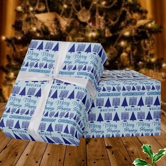 Merry Navy Interreligieuze Childs Naam Chrismukkah Cadeaupapier