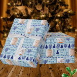 Merry Navy Interreligieuze Cute Chrismukkah Foto Cadeaupapier<br><div class="desc">Voeg je afbeeldingen toe aan deze leuke vakantie Merry Happy Chrismukkah foto's die papier verpakken in een feestelijk patroon van donkerblauw-kerstbomen op een pastelblauwe achtergrond voor echt gepersonaliseerde cadeauomslag. Deze schattige cadeauomslag is perfect voor gemengde interreligieuze families die zowel Hanukkah als Kerstmis vieren, en de schattige donkerblauwe handgeschreven stijllettertypen plus...</div>