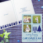 Merry Navy Interreligieuze Cute Handwriting 3 Foto Feestdagen Kaart<br><div class="desc">Aangepaste Merry Happy Chrismukkah-kerstkaarten met je foto's zijn een schattige manier om vakantiewenk te verspreiden tijdens de feestdagen. Dit unieke ontwerp is creëer met interreligieuze families in gedachten en bevat leuke casual handgeschreven stijllettertypen in donkerblauw op een lichtblauwe achtergrond, drie van uw favoriete foto's en een moderne Hanukkah Menorah en...</div>