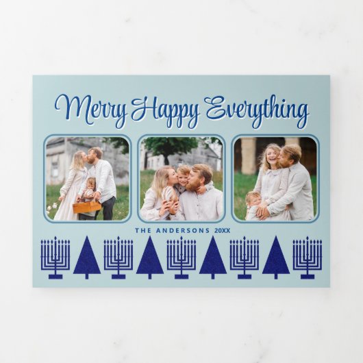 Merry Navy Interreligieuze Elegant Script 4 Foto Drieluik Wenskaart (Cover)
