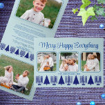 Merry Navy Interreligieuze Elegant Script 4 Foto Drieluik Wenskaart<br><div class="desc">Creëer uw eigen 5 foto-drieledige vakantiekaarten met deze elegante moderne marine en lichte Merry Happy Alles-interreligieuze design. Het horizontale ontwerp kenmerkt drie van uw favoriete afbeeldingen op de voorzijde, met rond gemaakte hoeken en met een dun donkerblauw lijst op een pastelblauwe achtergrond. De aanpassing van diepe blauwe tekst in een...</div>