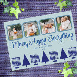 Merry Navy Interreligieuze Menorah Tree Cute 4 Fot Feestdagenkaart<br><div class="desc">Geef deze vier fotocollage-vakantiekaarten een persoonlijk tintje in een eenvoudig blauw van de marine en pastelblauw Merry Happy Alles-interreligieus ontwerp. Een elegant gestileerde manuscriptdoopvont in diep blauw met een lichte dalingsschaduw in wit voegt rente toe en de rij van vijf blauw van de marine Menorahs en vier passende kerstbomen maakt...</div>