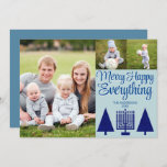 Merry Navy Interreligieuze Tree Menorah Cute 3 Fot Feestdagenkaart<br><div class="desc">De malplaatjes van de foto maken het ontwerpen van uw eigen 3 kaarten van de fotocollage een breuk met dit moderne elegante manuscript Merry Happy Alles ontwerp in marine en pastelblauw. Voeg uw favoriete grote foto op de linkerzijde van deze douanekaarten toe en voeg dan twee kleinere afbeeldingen op het...</div>