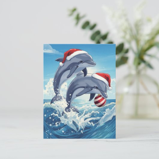 Merry Ocean Dolphins Santa Hats Christmas Holiday Feestdagenkaart (Staand voorkant)
