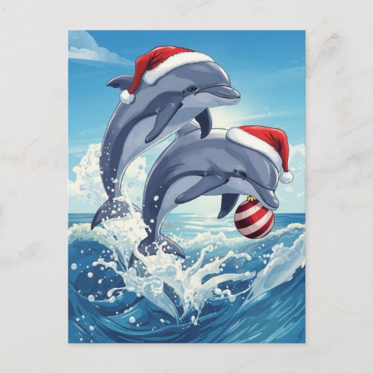 Merry Ocean Dolphins Santa Hats Christmas Holiday Feestdagenkaart (Voorkant)