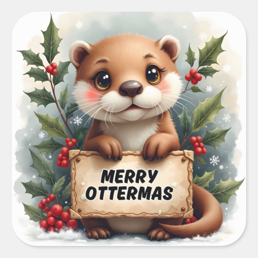 Merry Ottermas Christmas Vierkante Sticker (Voorkant)