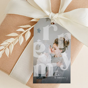 MERRY Overlay Typografie Foto Kerstmis Cadeaulabel