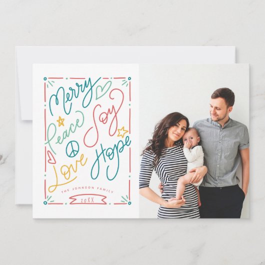 Merry Peace Joy Love Hope Handgetekend Bright Holi Feestdagenkaart (Voorkant)