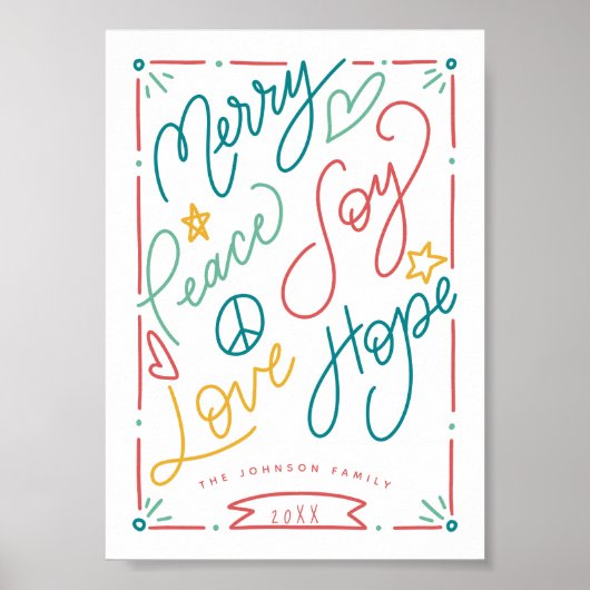 Merry Peace Joy Love Hope Handgetekend Bright Holi Poster (Voorkant)