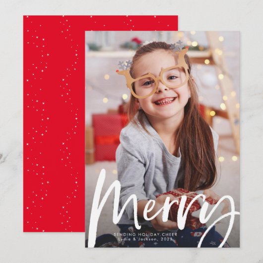 Merry-penseelscript één foto-Kerstmis Feestdagenkaart (Voorkant / Achterkant)