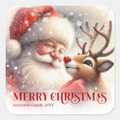 Merry Personalized Santa and Rudolph Christmas Vierkante Sticker (Voorkant)