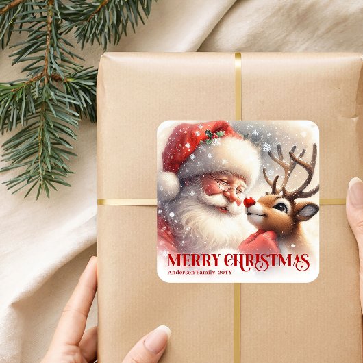 Merry Personalized Santa and Rudolph Christmas Vierkante Sticker