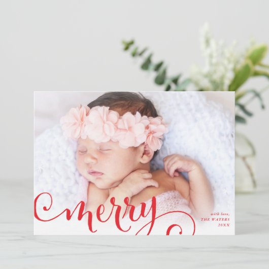 MERRY PHOTO familie leuke kalligrafie overlay rood Feestdagenkaart (Staand voorkant)