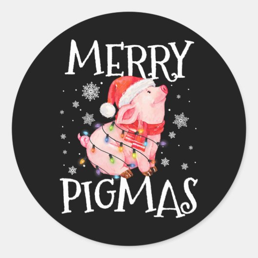 Merry Pigmas Funny Pig Christmas Lights Tree Xmas Ronde Sticker (Voorkant)